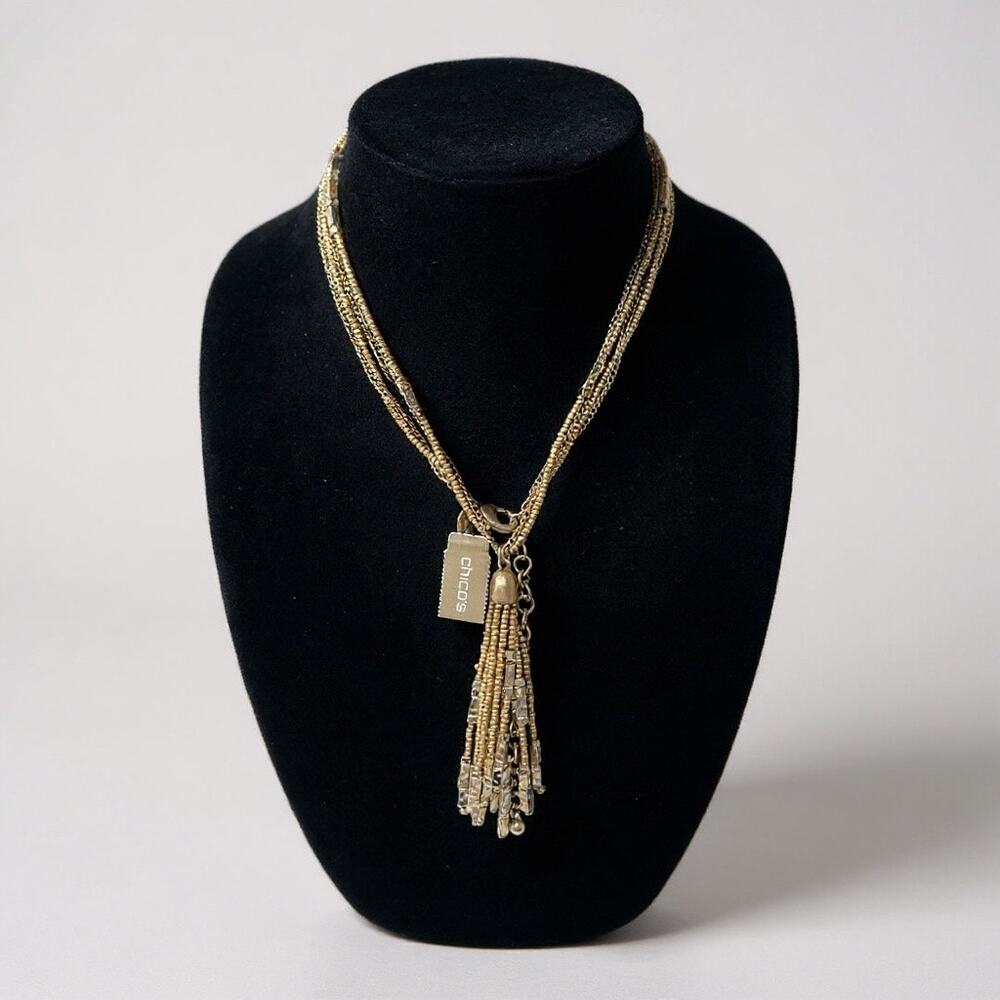 Chico’s Luella Gold Beaded Multi-Strand Tassel Necklace NWT Adjustable Layered